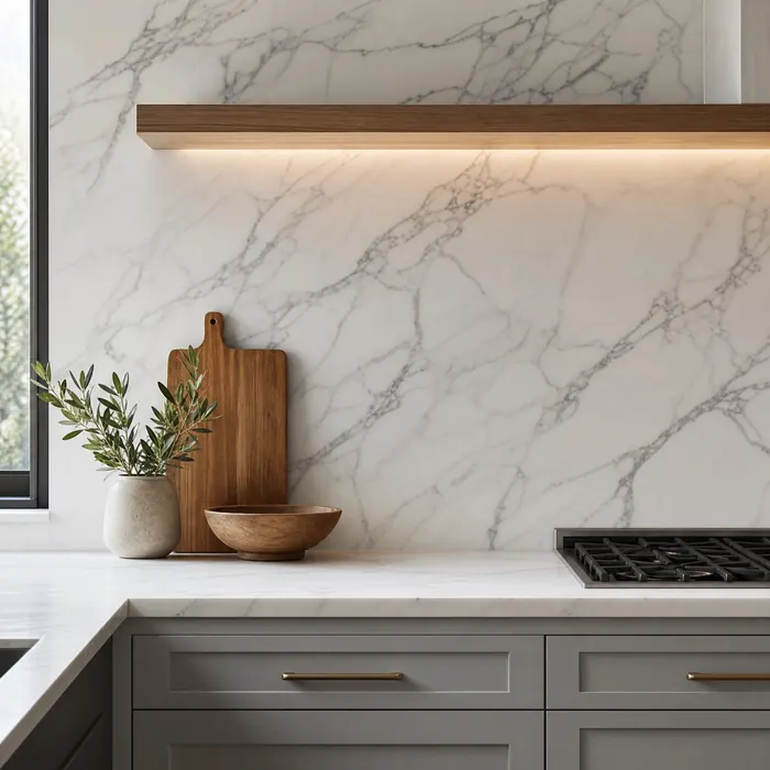 Marble look wallpaper kitchen backsplash